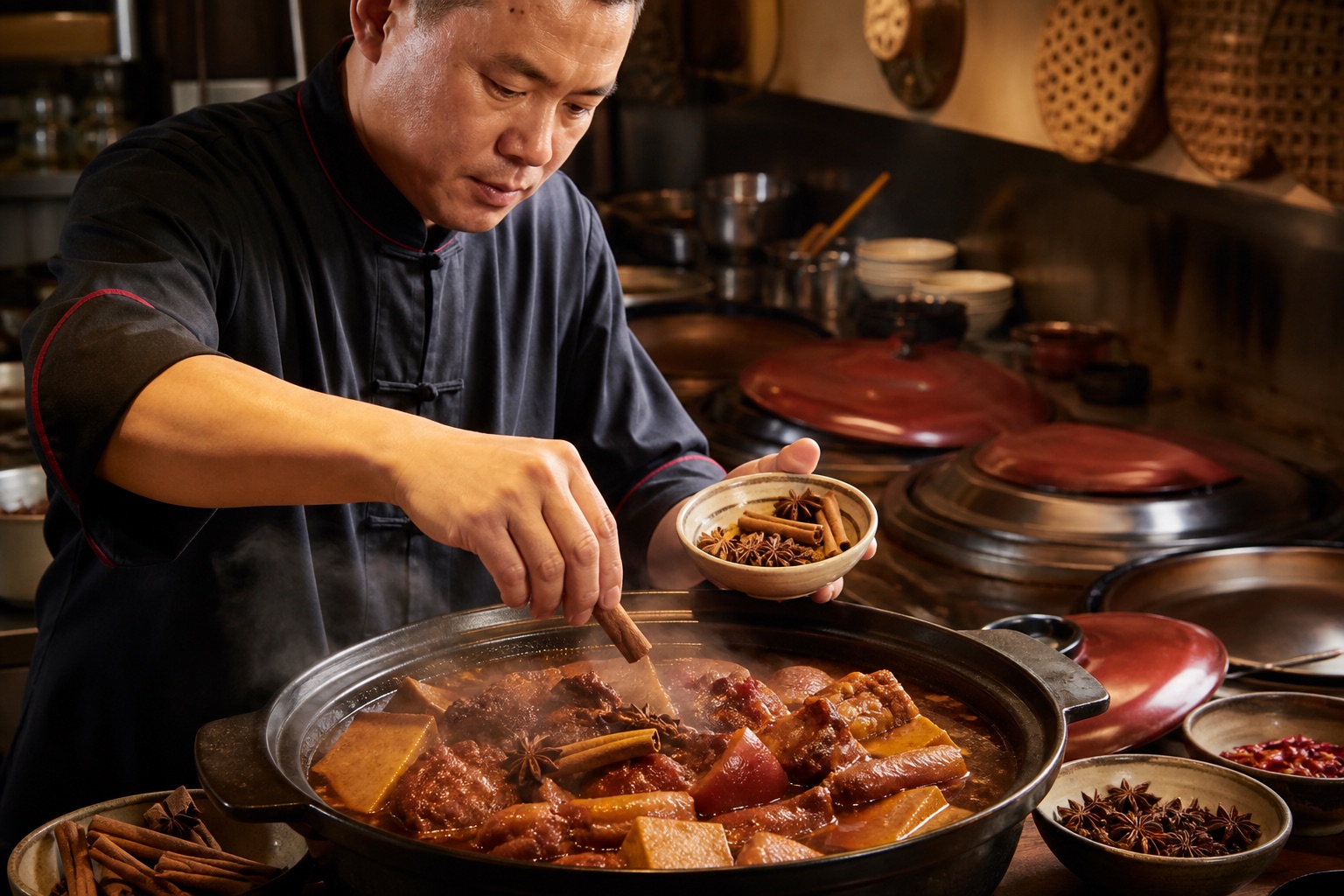 餐飲師傅以肉桂與辛香料熬製台式滷味