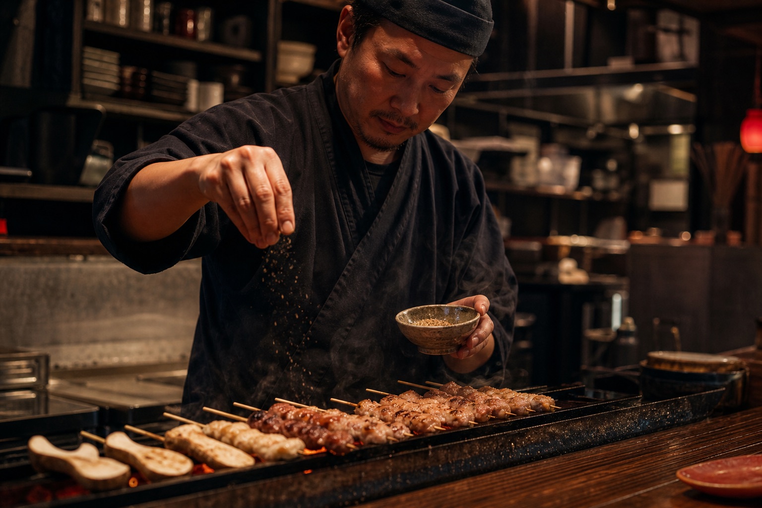 居酒屋師傅為現烤串燒撒上香濃胡椒鹽